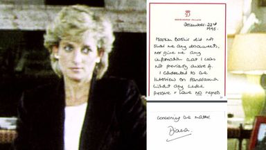 Princess Diana during her interview with Martin Bashir for the BBC and a letter she wrote after it was broadcast